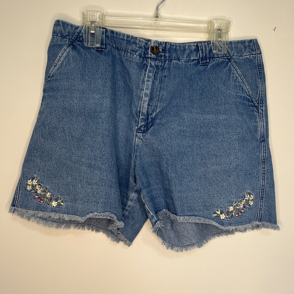 Vintage Denim Cutoff Embroidered Shorts Women's 14 Floral Mom Jeans Cottage Core